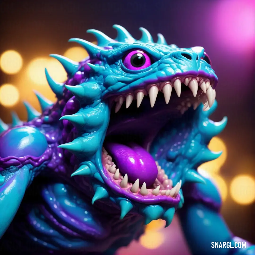 Toy dragon with a purple ball in its mouth and teeth open and a blurry background. Color Spiro Disco Ball.