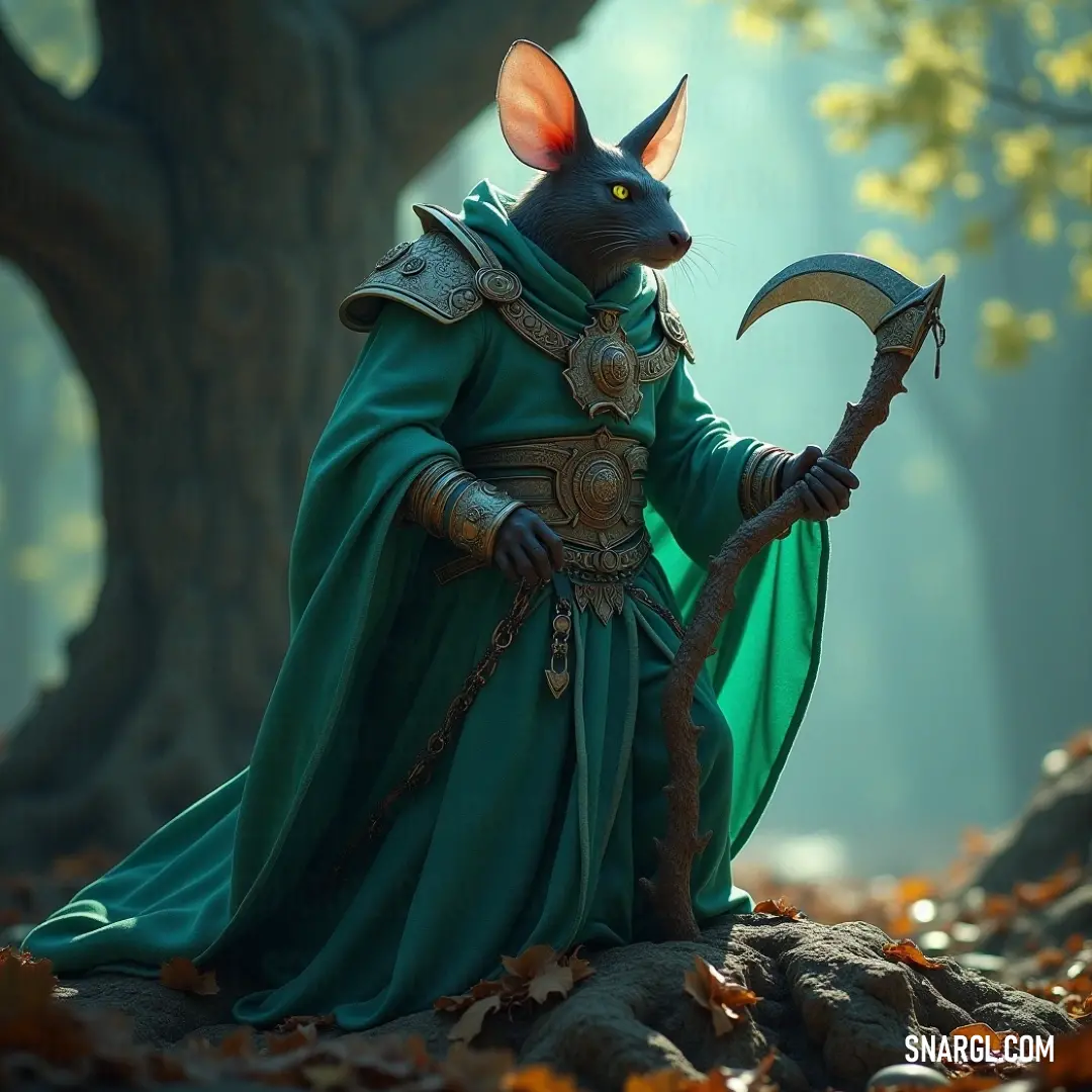 Spit, dressed in vibrant green, holds a sceptacle in his hand, standing tall in a mystic setting, ready to protect the secrets of an ancient world. Spit, clad in green armor, stands with a staff-like sceptacle in hand. His confident posture in this mystical setting hints at his powerful role, as if guarding something ancient and powerful from a forgotten world.