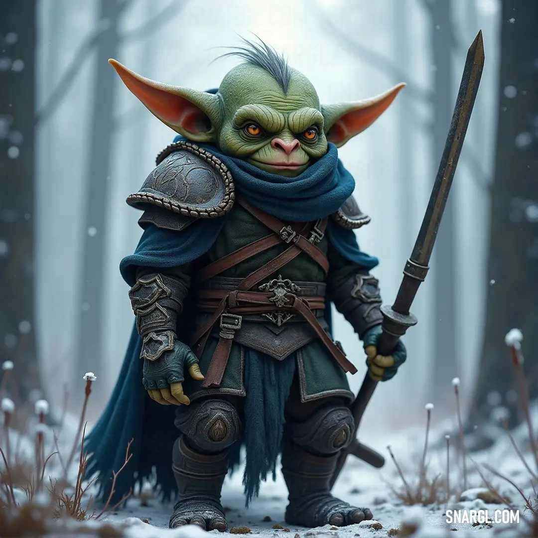A brave figure named Splin stands in the snow, adorned with a helmet and sword, surrounded by snow-covered trees. The cold winds seem to whisper through the frosty landscape as he stands tall.