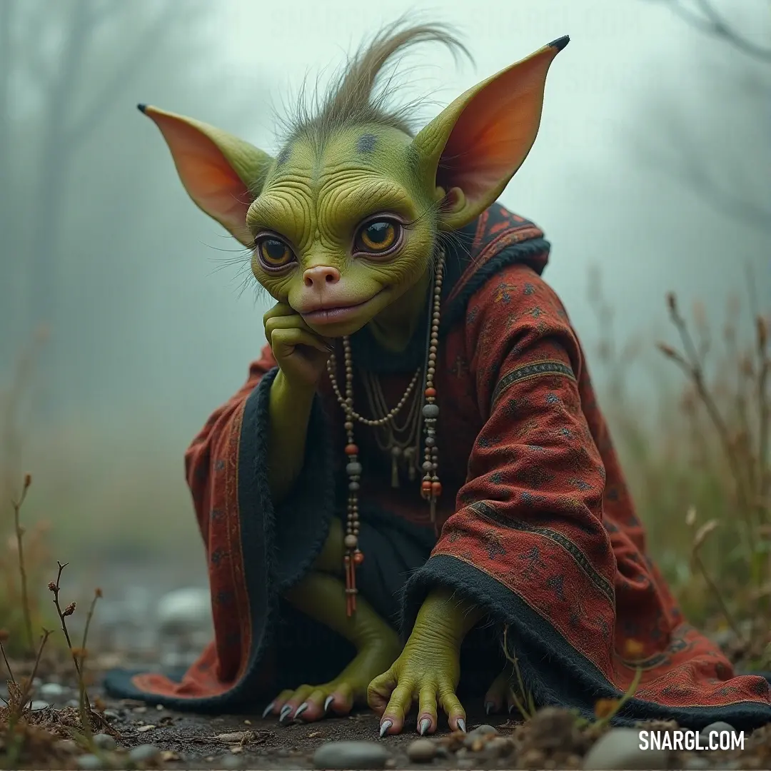 A small, green creature named Splin, wearing a bright red robe, stands on rocky ground, a glistening necklace hanging around his neck as he gazes at the surrounding landscape.