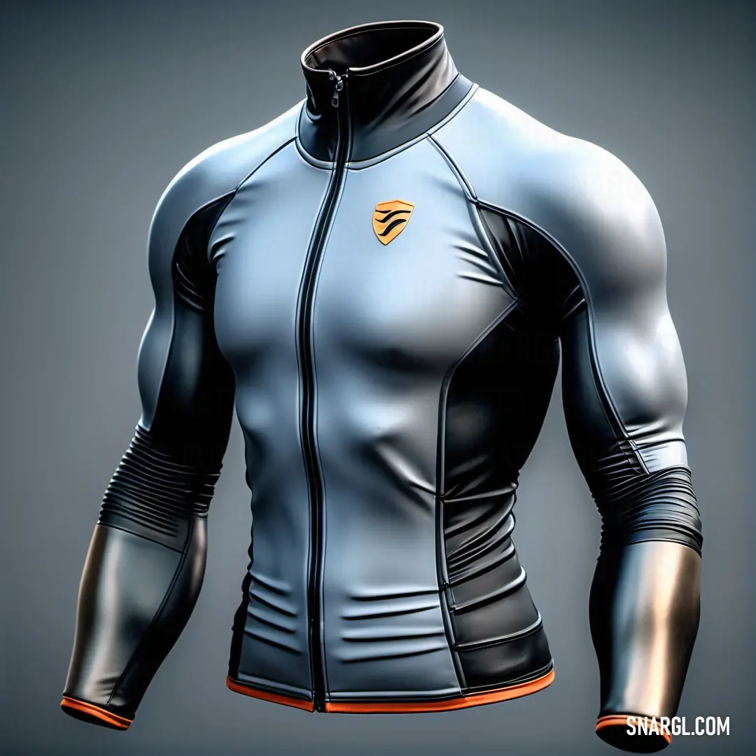 Futuristic man's jacket with a gold emblem on the chest and sleeves, on a gray background