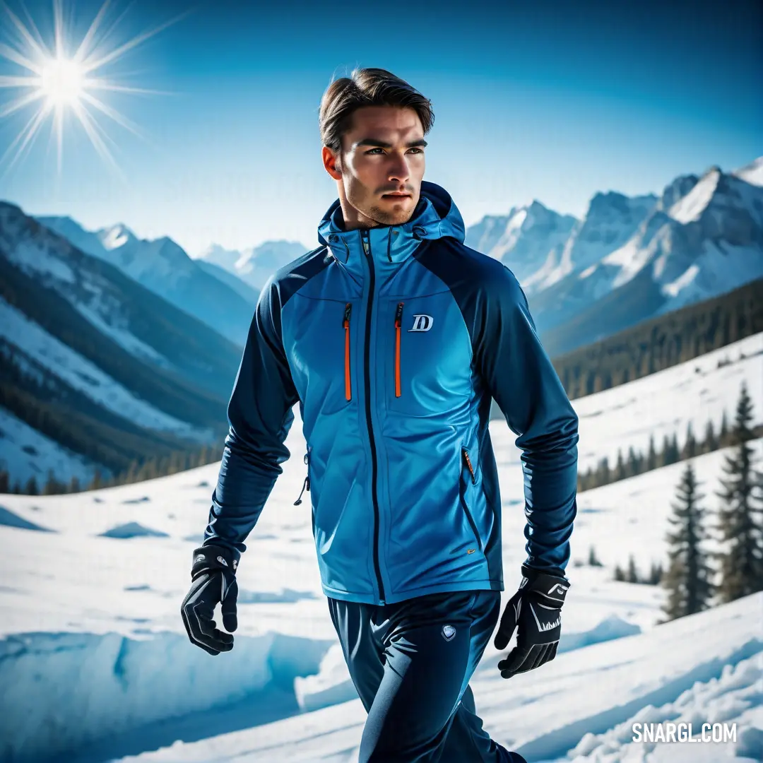 Man in a blue jacket is skiing on a mountain side with a bright sun in the background