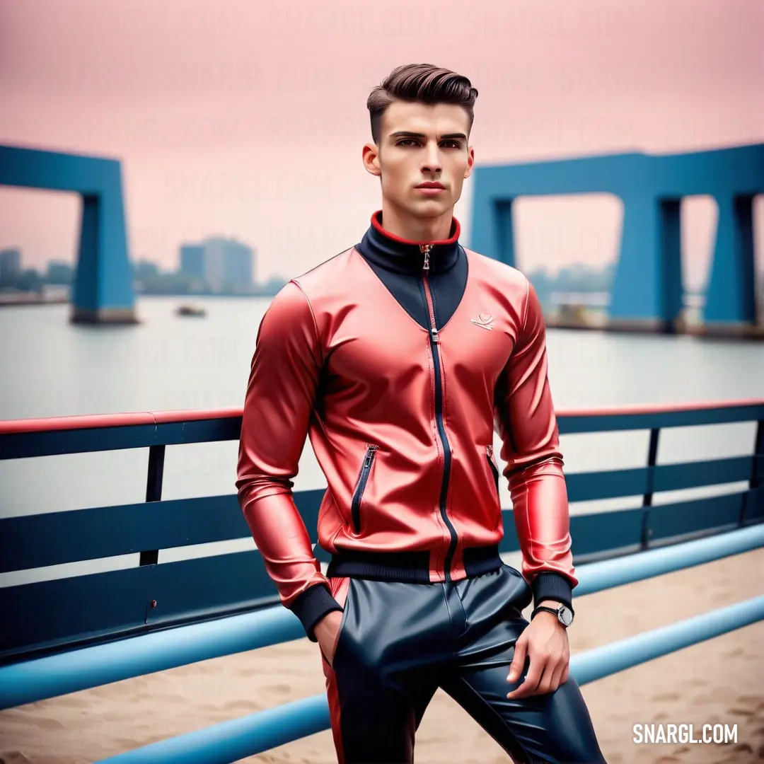 Man in a red jacket standing on a bridge near water