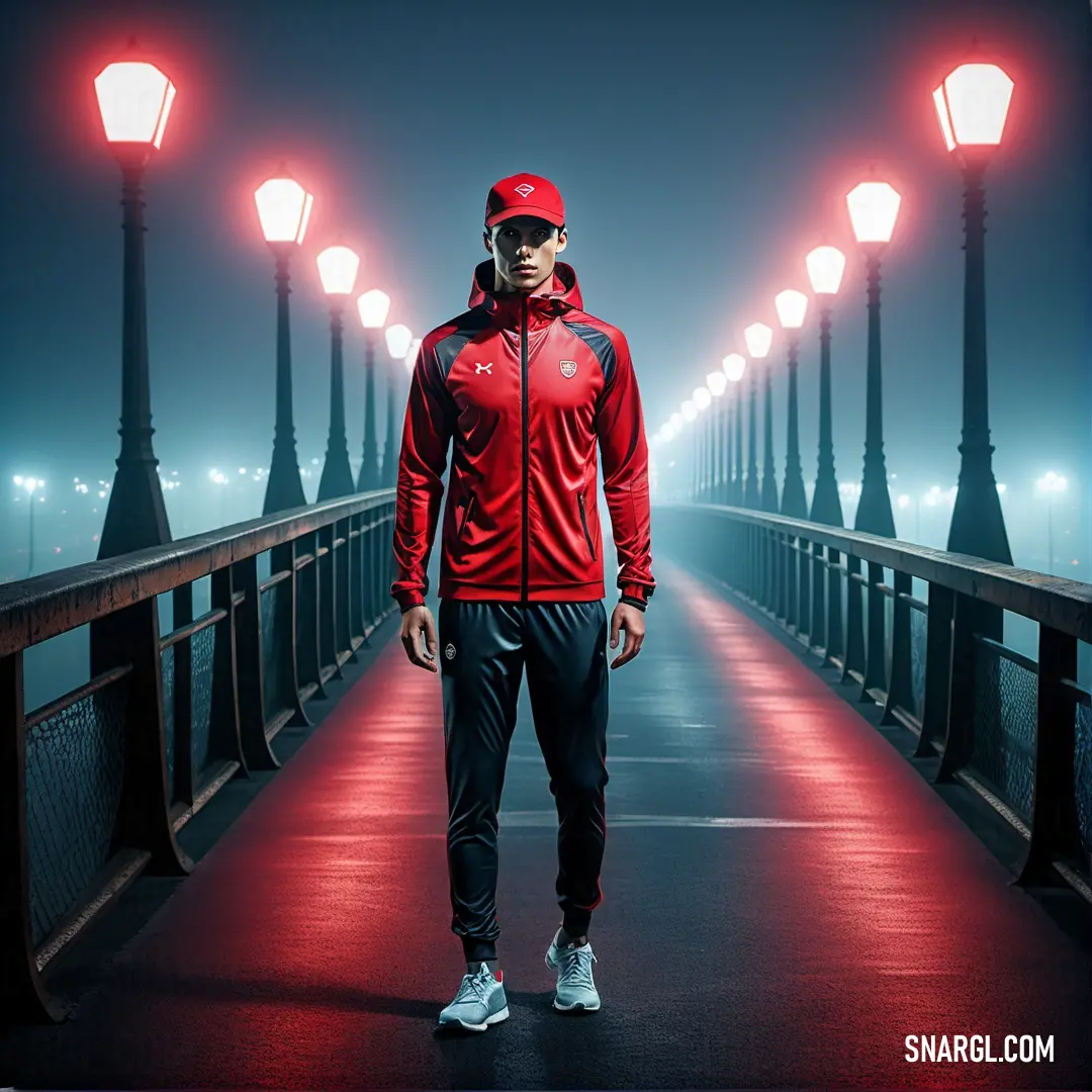 Man in a red jacket and headphones standing on a bridge at night with street lights in the background