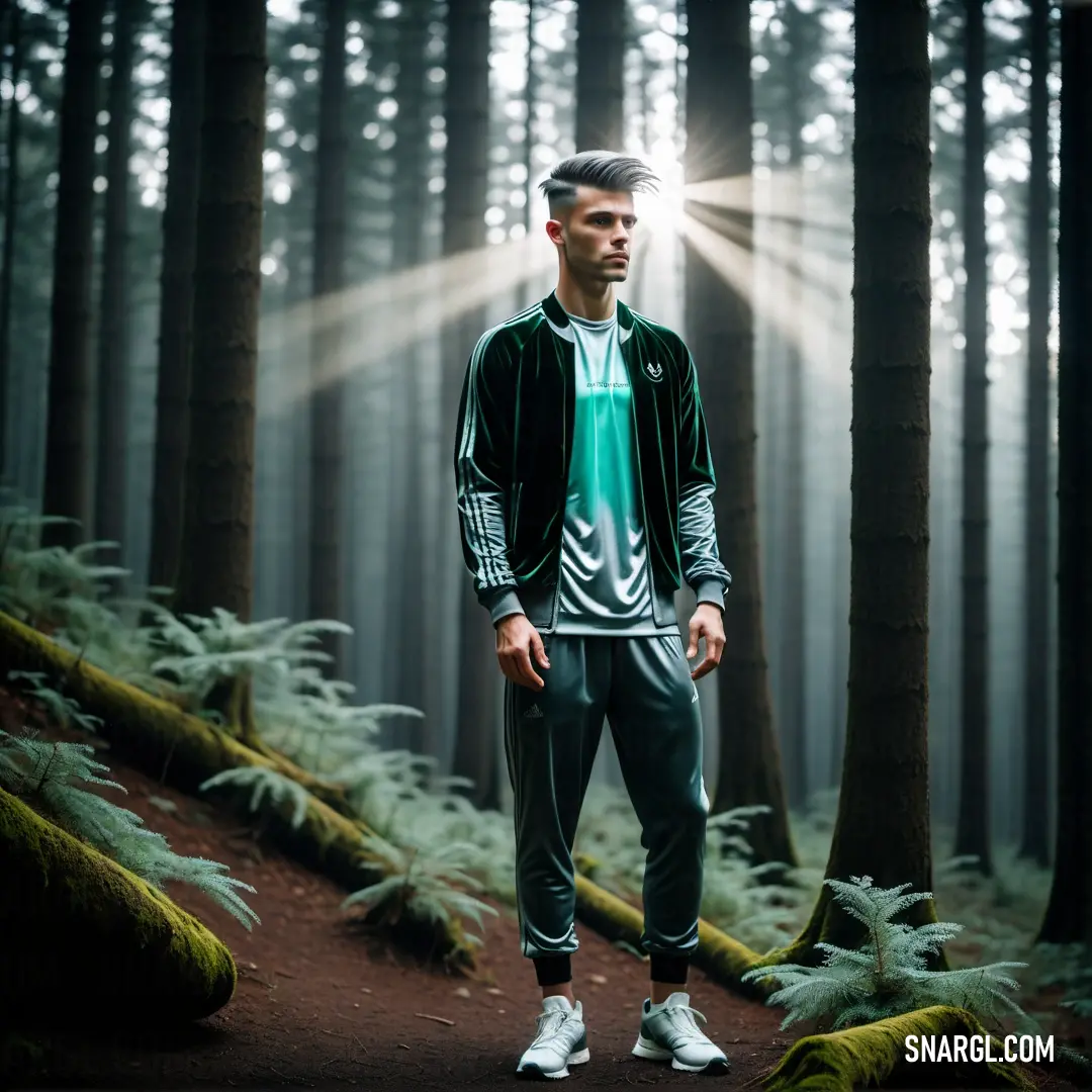 Man standing in the middle of a forest with a light shining through the trees on his head and a green shirt on