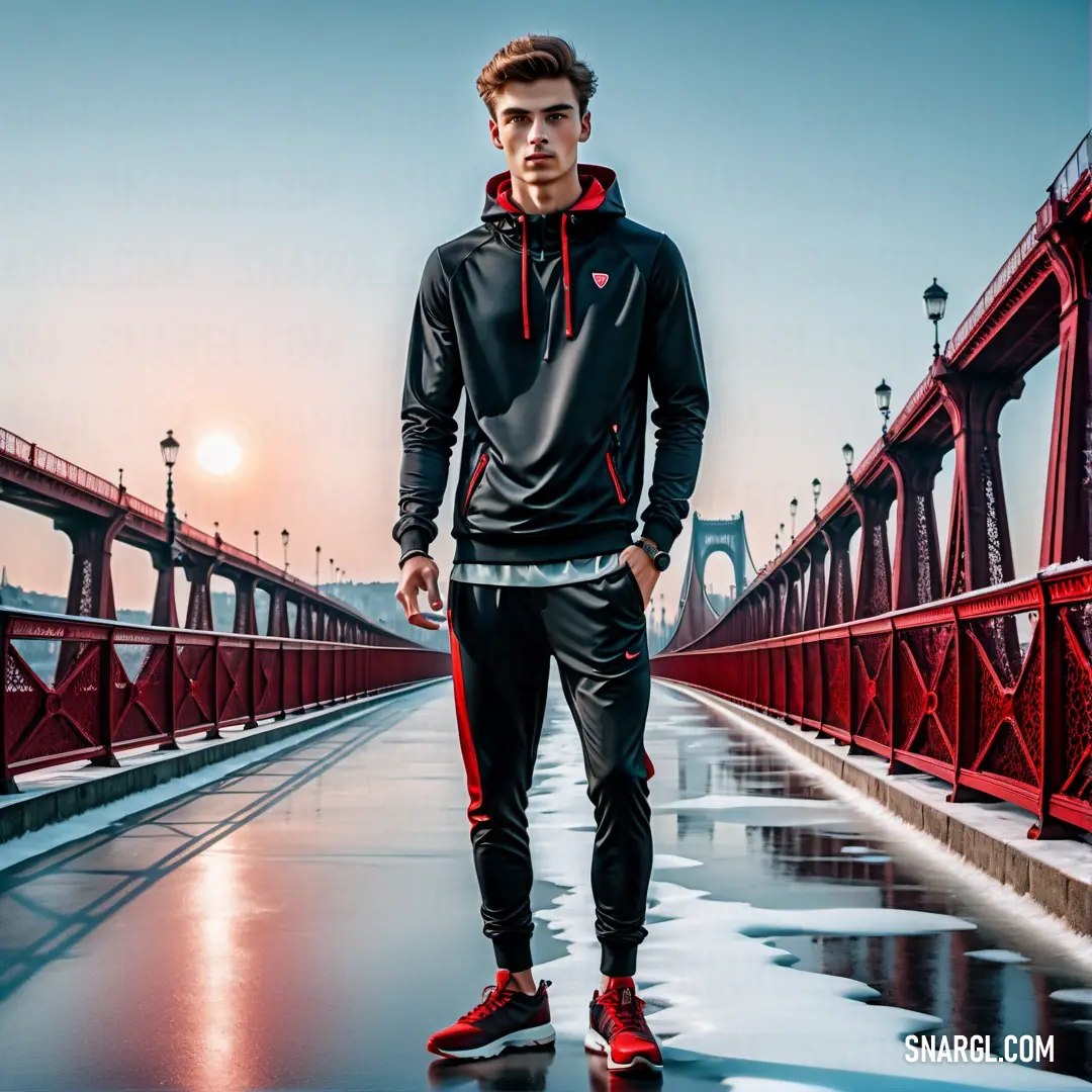 Man standing on a bridge in a black and red outfit with a red hoodie