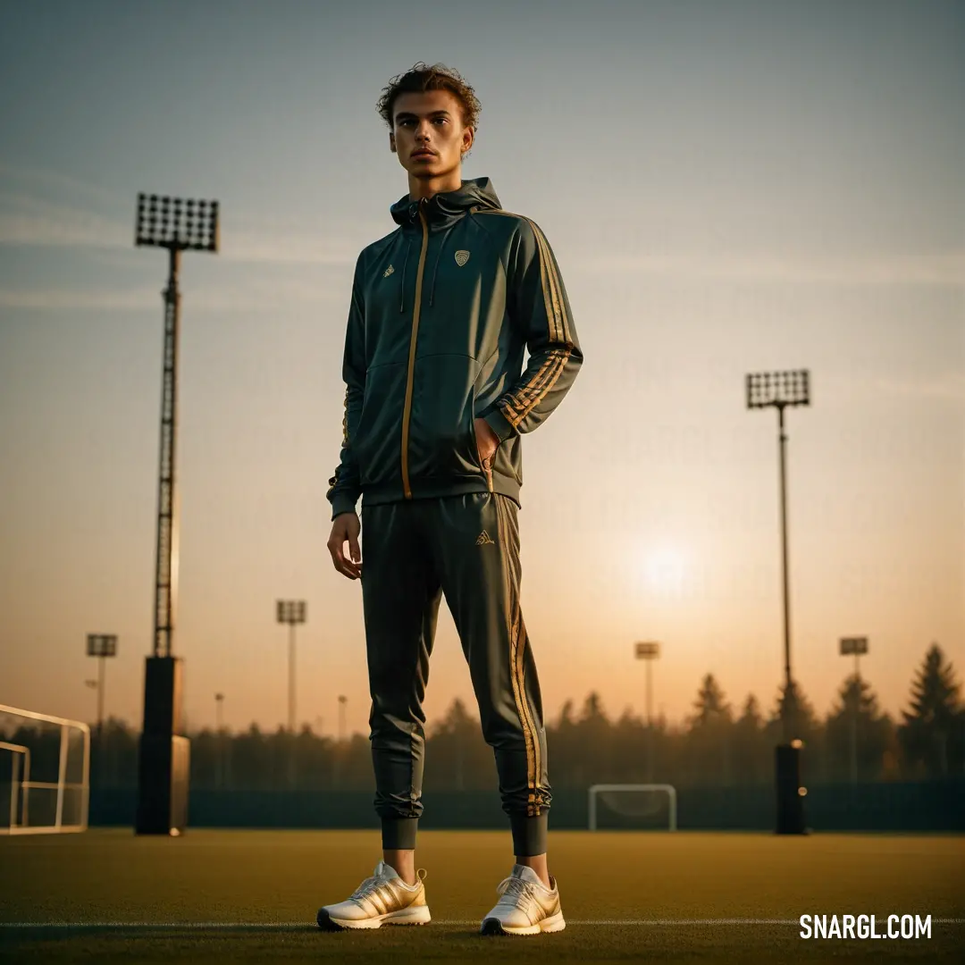 Man standing on a soccer field at sunset wearing a green jacket and pants with white sneakers on the feet