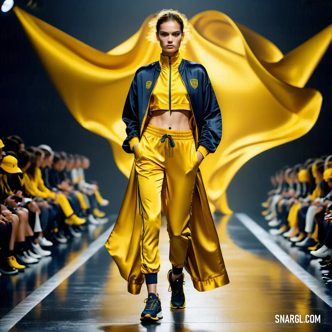 Model walks down the runway in a yellow outfit with a blue jacket and matching pants