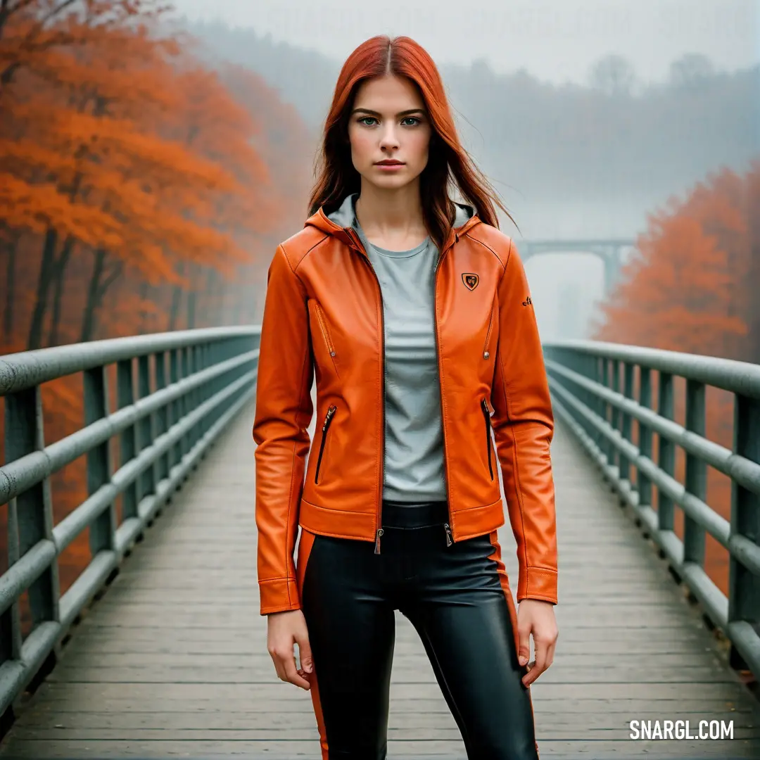 Woman in a leather jacket standing on a bridge in the foggy woods with trees in the background