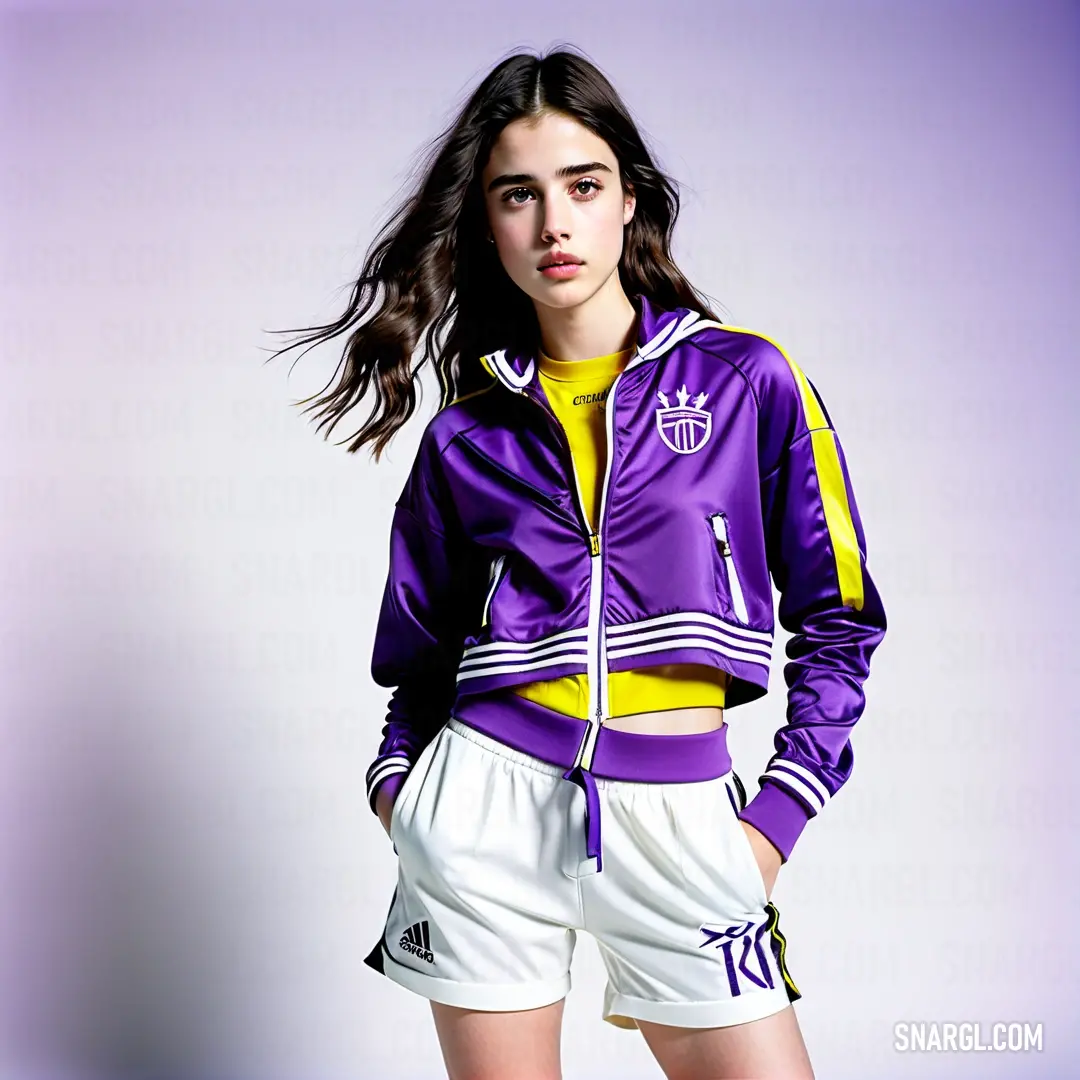 Woman in a purple jacket and white shorts posing for a picture with her hair blowing in the wind