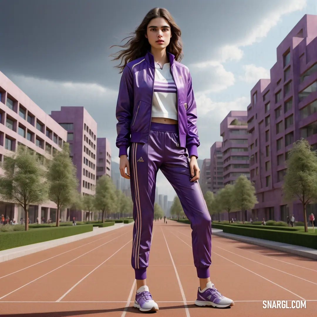 Woman in a purple track suit standing on a track in front of a building with a sky background