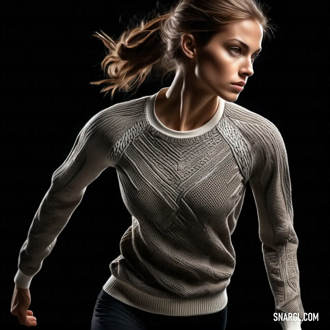 Woman in a sweater is running with her hair in a ponytail