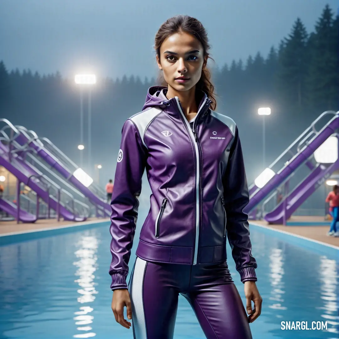 Woman standing in front of a pool at night wearing a purple and white jacket and matching leggings