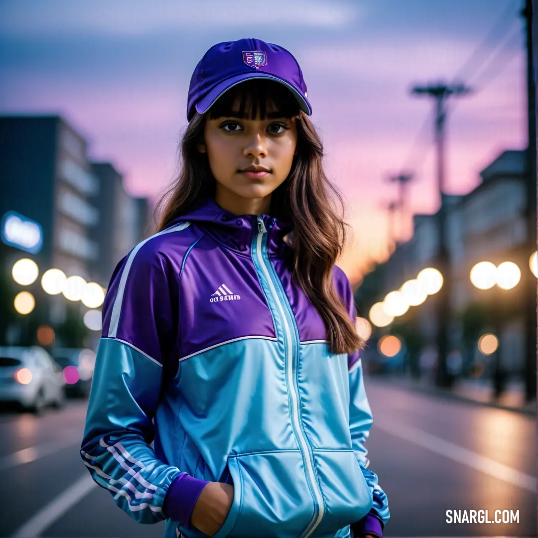 Woman standing on a street corner in a purple and blue jacket and hat