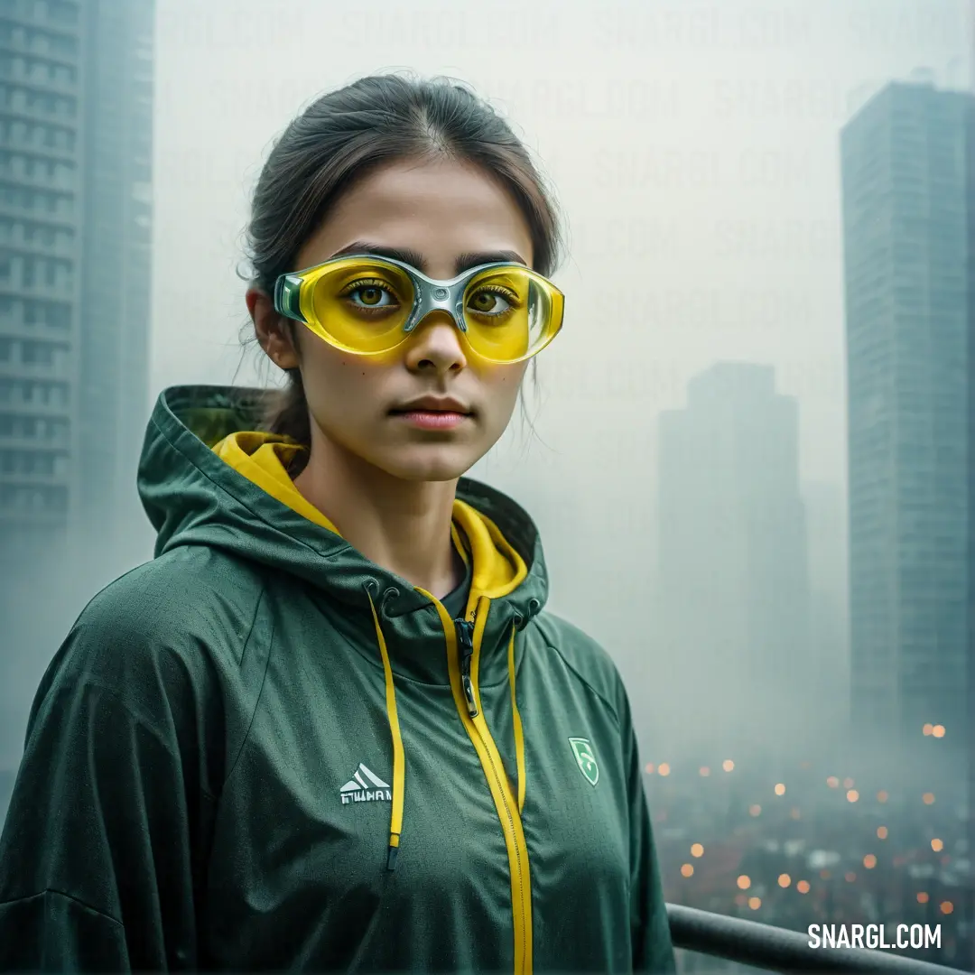 Woman wearing yellow sunglasses in a city setting in the foggy day with skyscrapers in the background