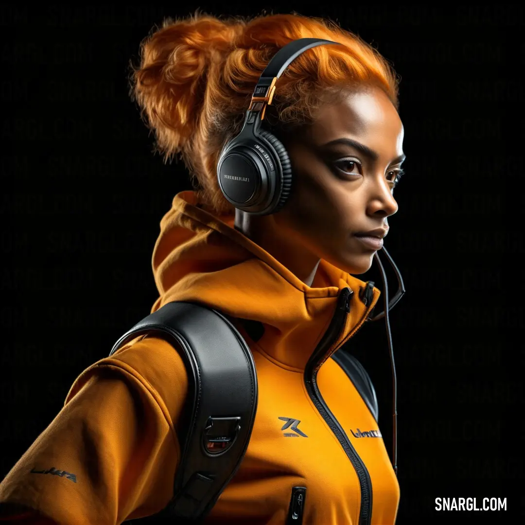 Woman with headphones on and a yellow jacket on, looking to the side, with a black background