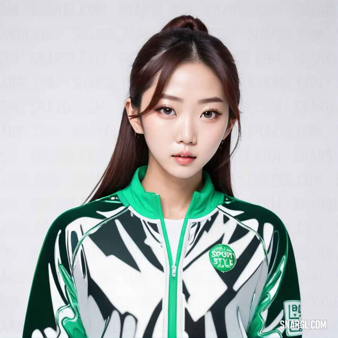 A woman in a green and white jacket, with her long hair tied in a ponytail, radiates vitality and confidence. A woman with long hair tied into a ponytail wears a stylish green and white jacket. The soft wind tugs at her hair, and the vibrant colors of her outfit stand out, adding a sense of energy and freshness to the scene.