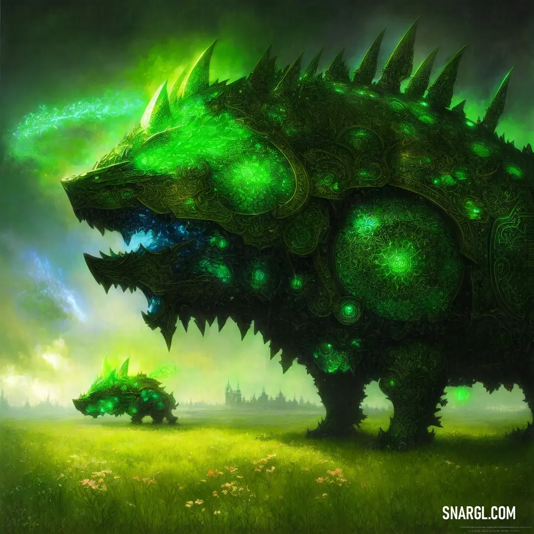 Green creature with spikes on its head and a green car in the background