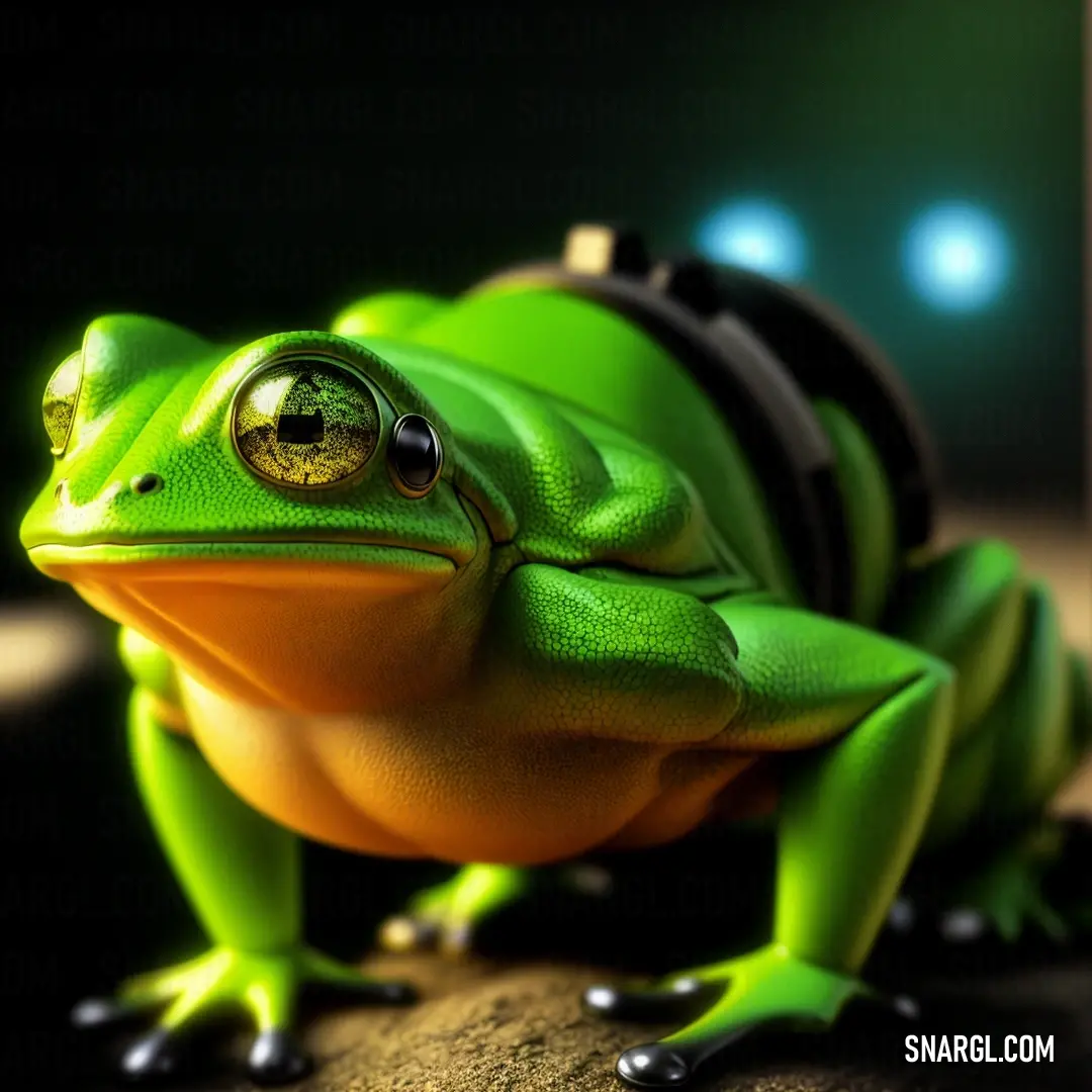 Green frog with a black hat on its head and eyes looking at the camera