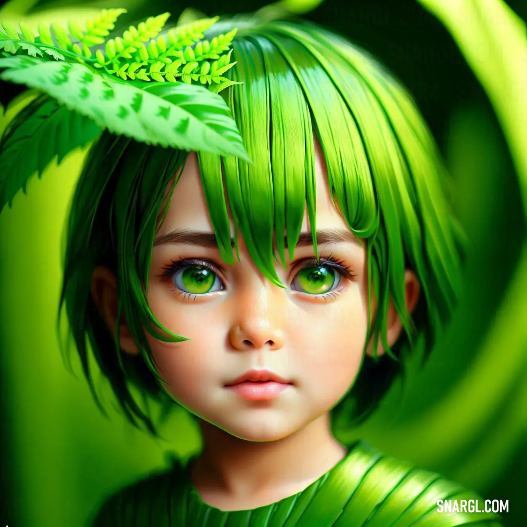 Green haired girl with green leaves on her head
