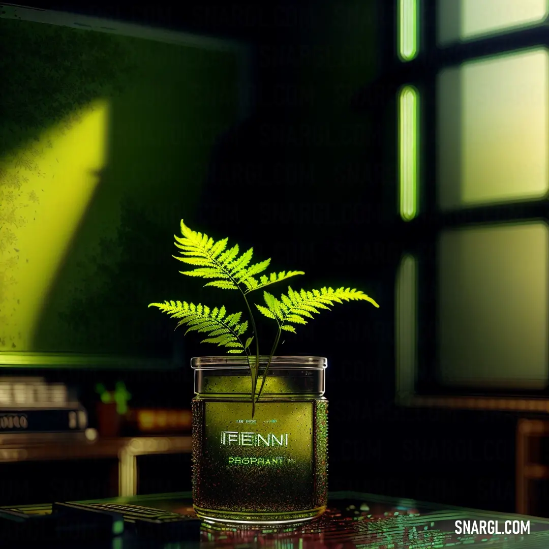 Plant in a vase on a table in front of a tv screen and a bookcase