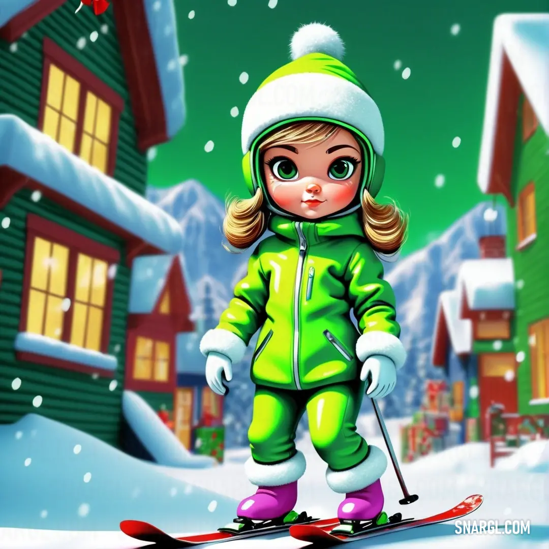 Little girl in a green snowsuit on skis in front of a snowy village with houses and a snow covered hill. Color #A7FC00.