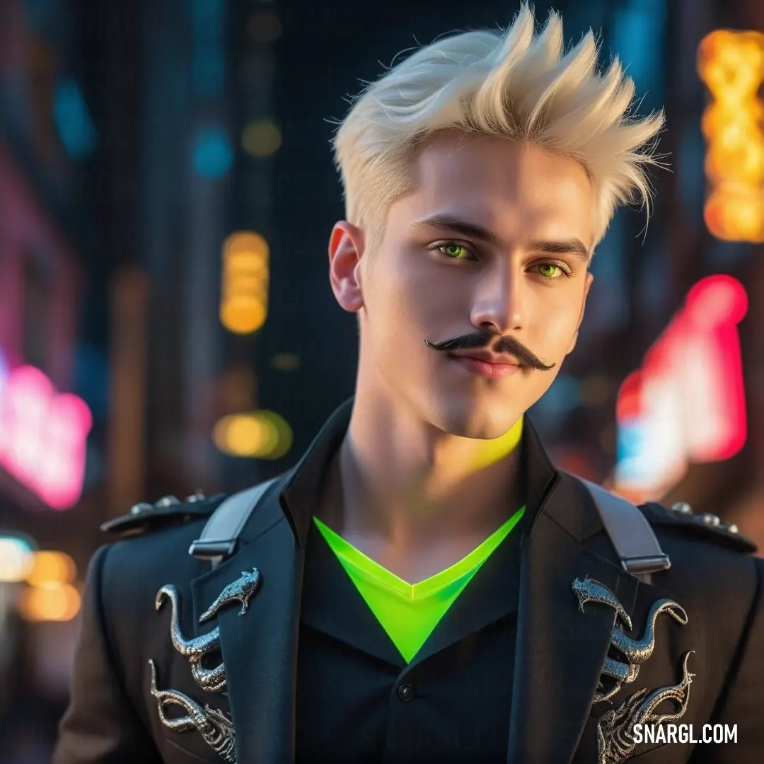 Man with a fake mustache and a green shirt on a city street at night with neon lights in the background. Color #A7FC00.
