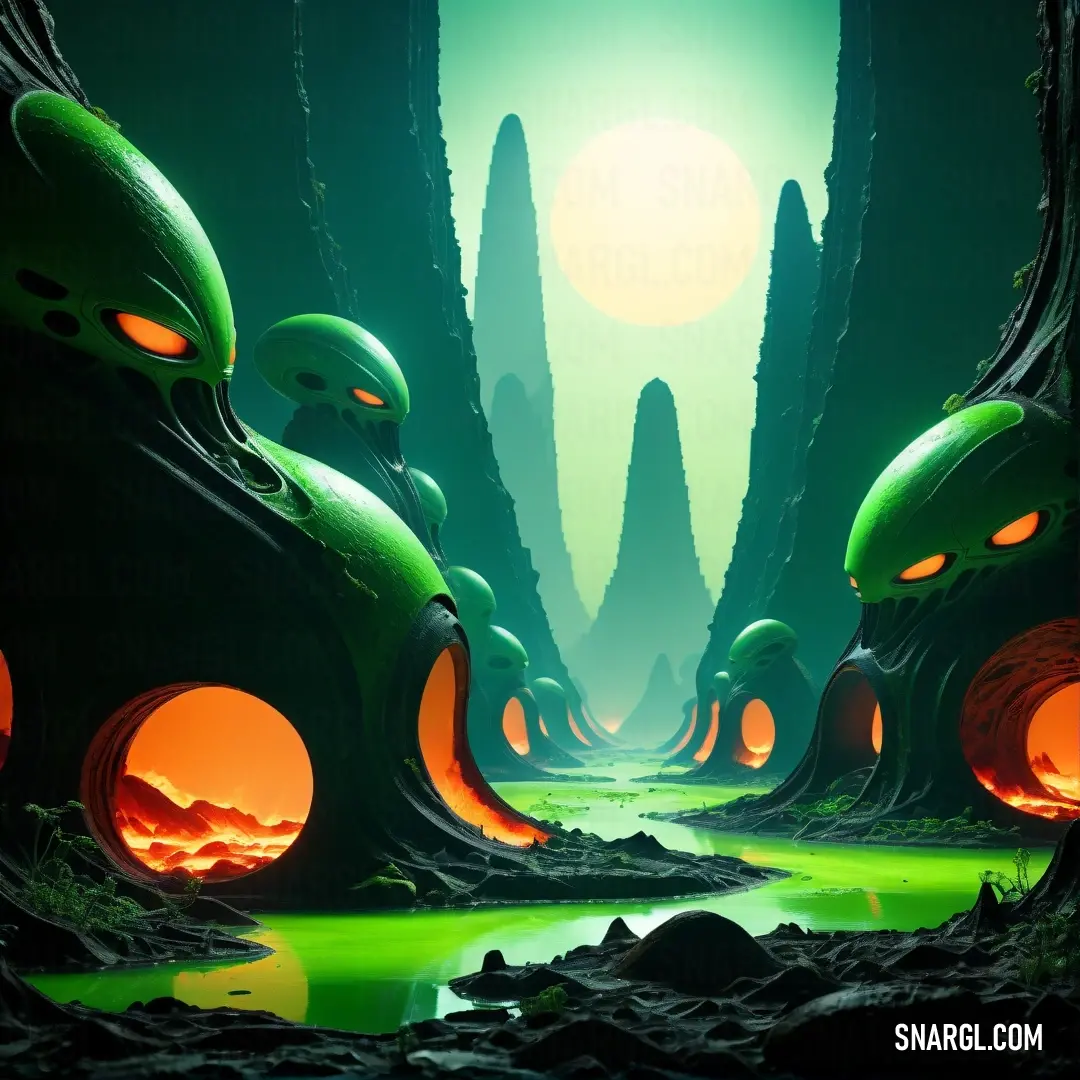 Spring bud color example: Painting of a green alien landscape with glowing eyes and lava formations in the foreground