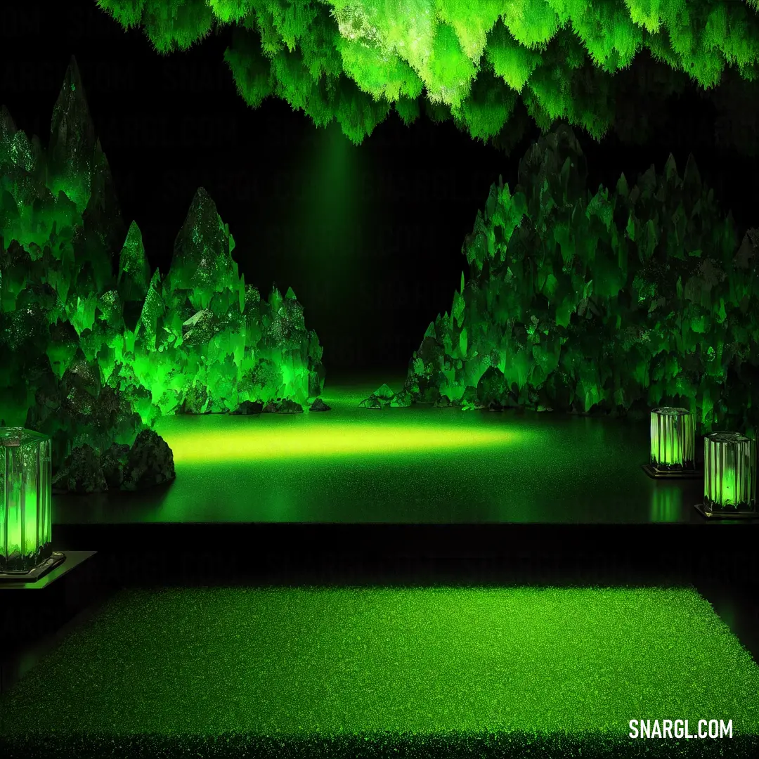 Stage with green lights and trees in the background and a green carpet on the floor