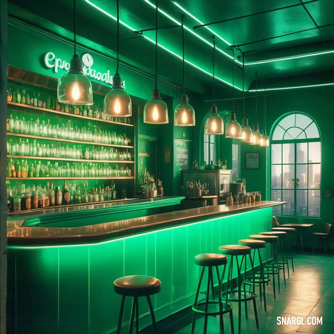 Bar with green walls and stools and a green bar top with a neon green bar and a green wall. Example of #00FF7F color.