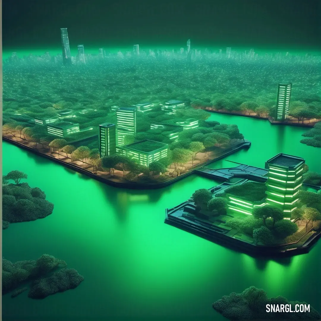 Computer generated image of a city and a lake at night with green lights on the buildings and trees. Color RGB 0,255,127.
