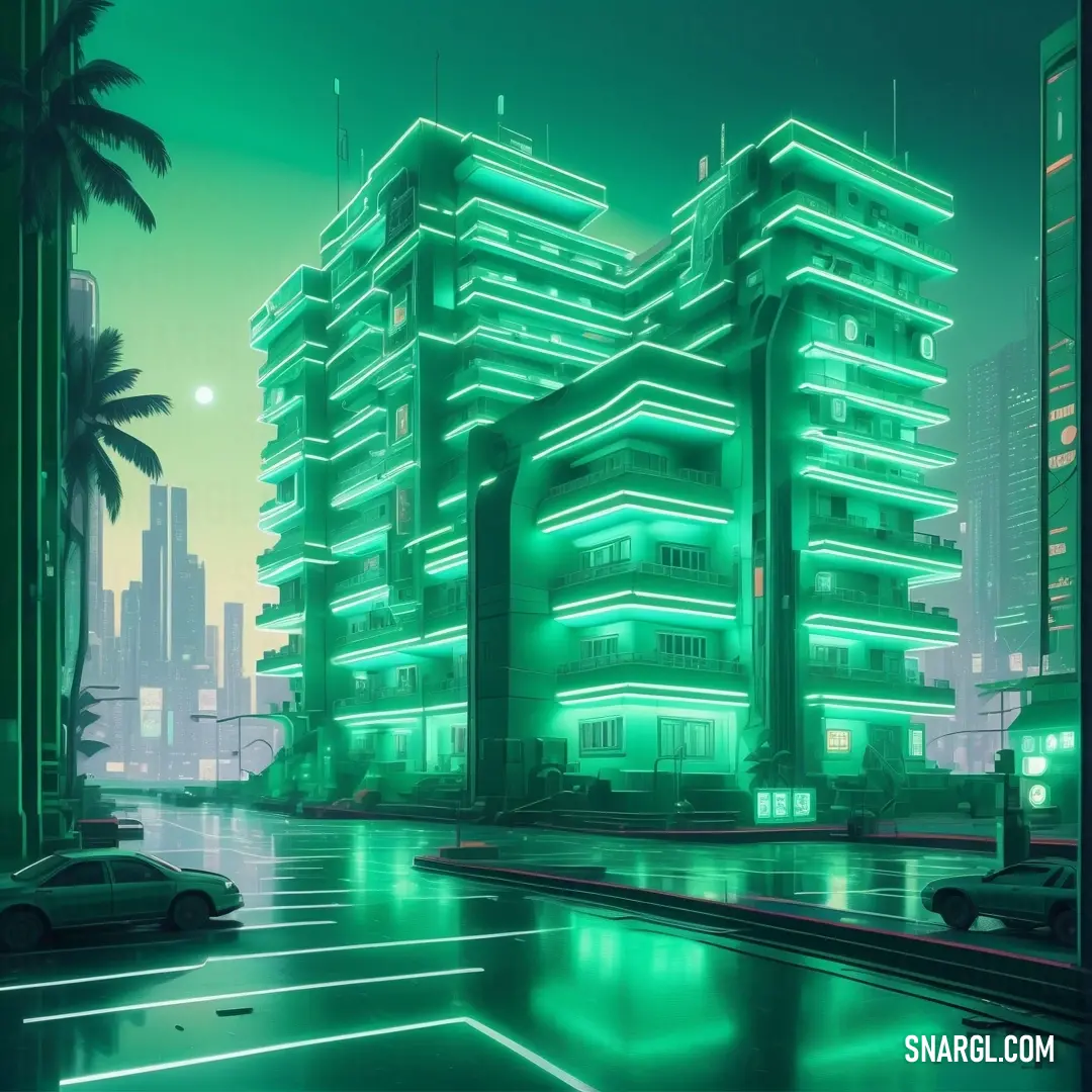 Futuristic city with a lot of green lights and a lot of cars parked in front of it at night