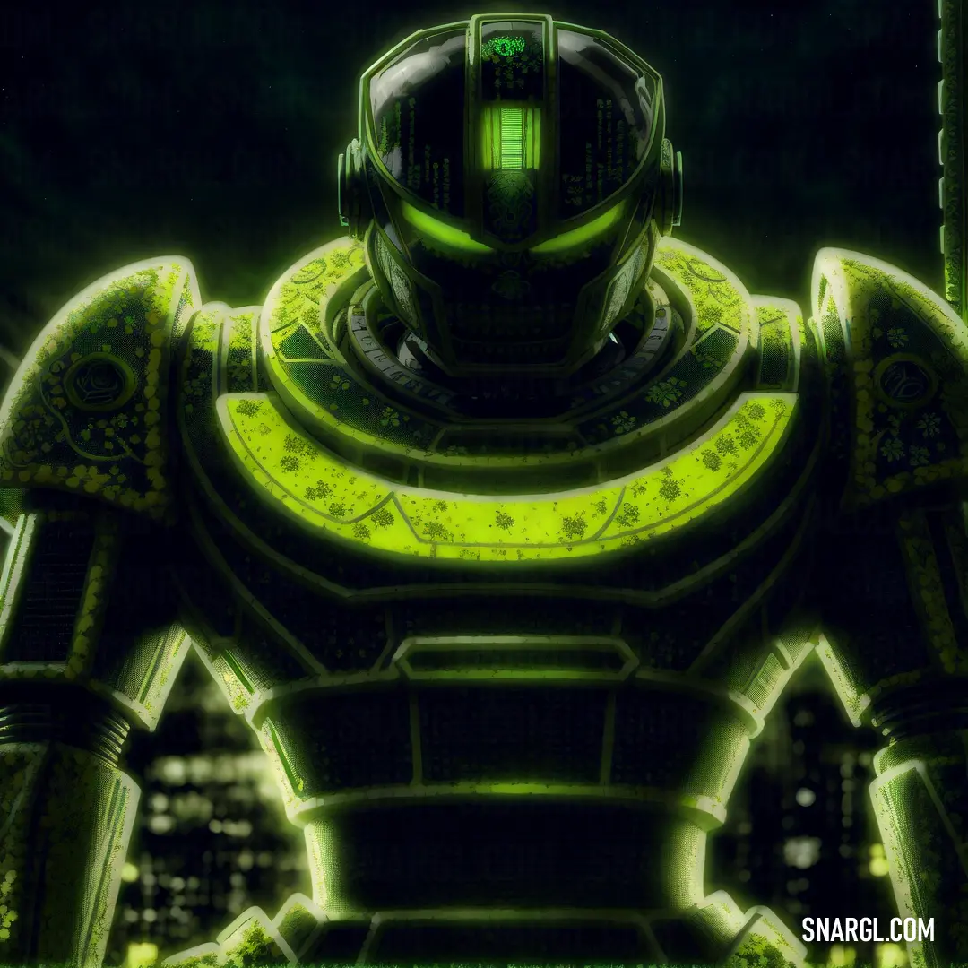 Futuristic man in a green suit with a glowing helmet on his head and a city in the background