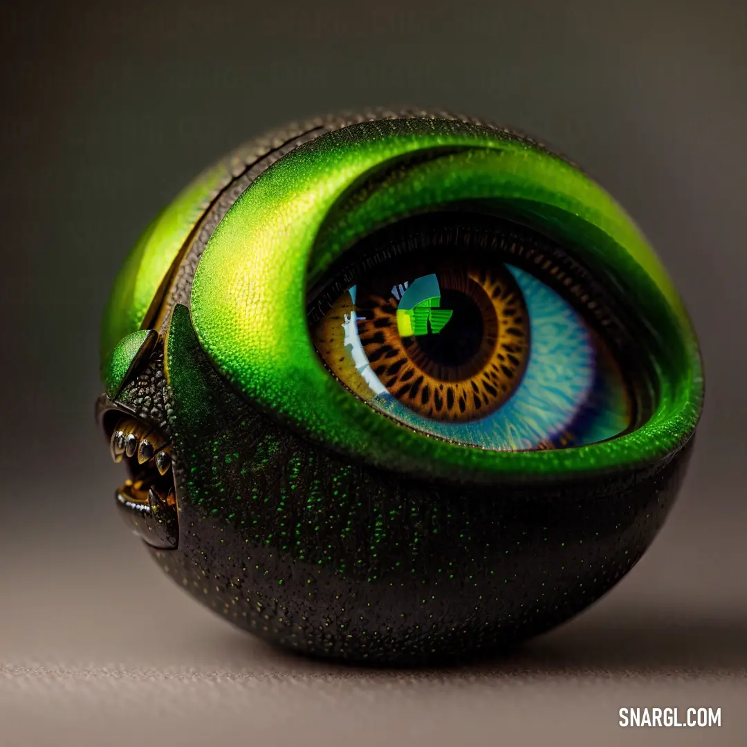 Green and black object with a large eyeball inside of it's mouth