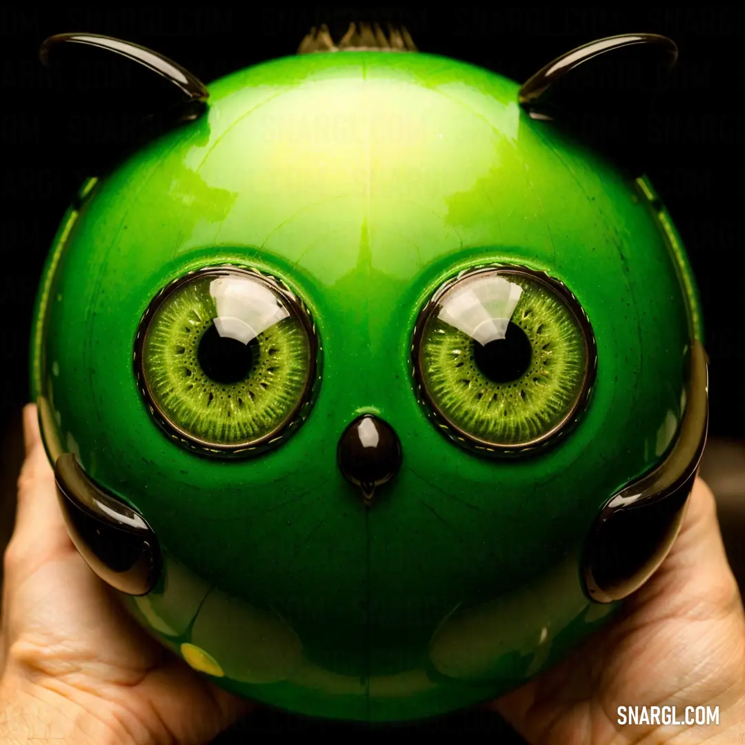 Green ball with eyes and horns on it's face and hands holding it up to the camera