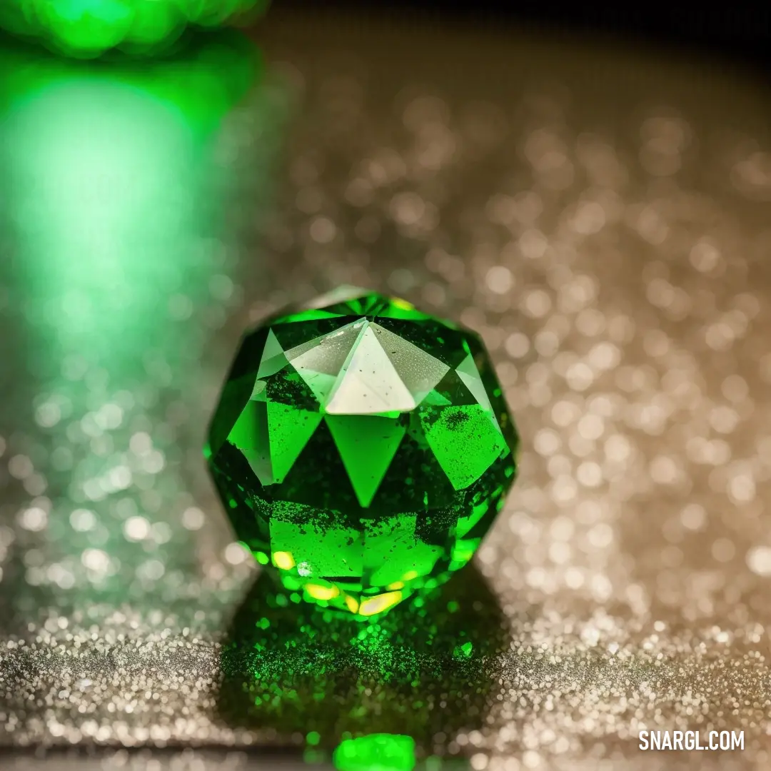 Green diamond on top of a table next to a green light bulb