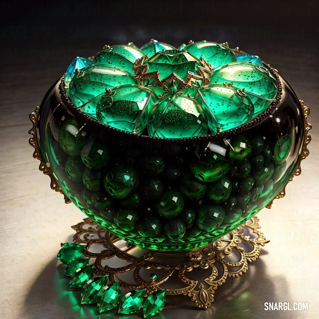 Green glass bowl with a green flower on top of it on a table with a shadow of a person