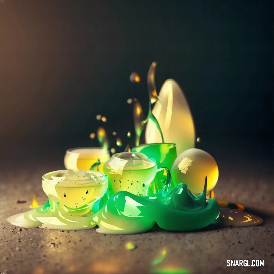 Green liquid is spilling out of a cup on a table top with other items on it and a black background