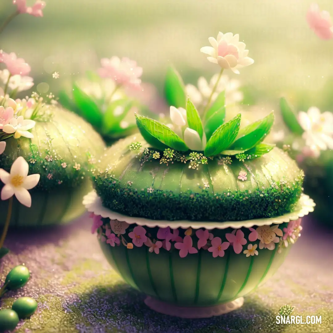 Green pot with flowers on top of it on a table next to other pots