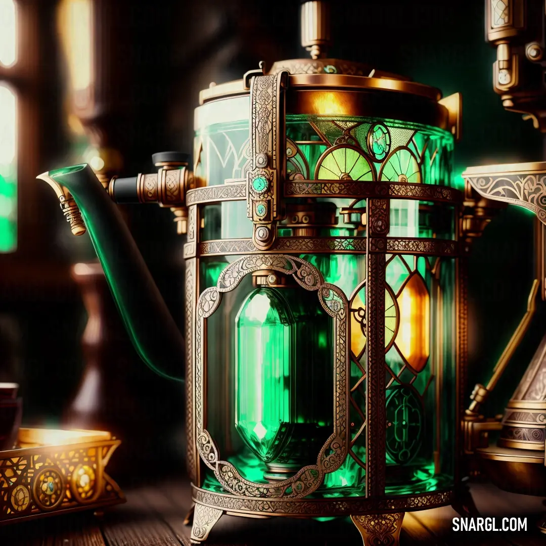 Green teapot with a glass top on a table next to a lamp and a cup of coffee. Color Spring green.