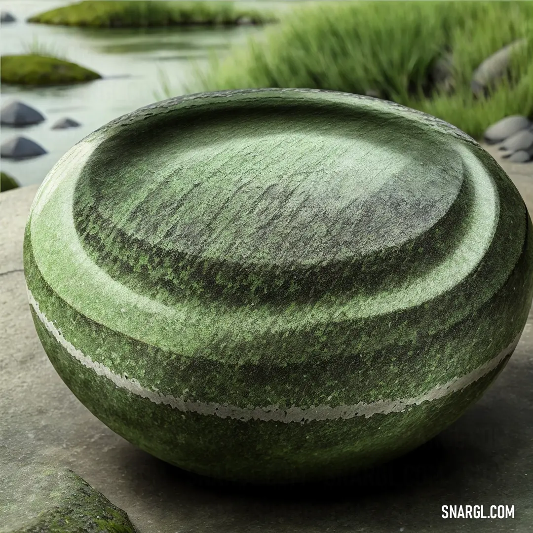 Green vase on top of a rock near a river and grass covered shore line with rocks and water