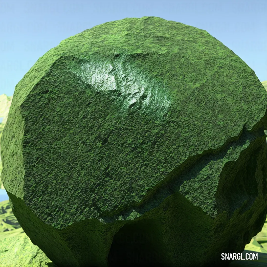 Large green rock with a sky background
