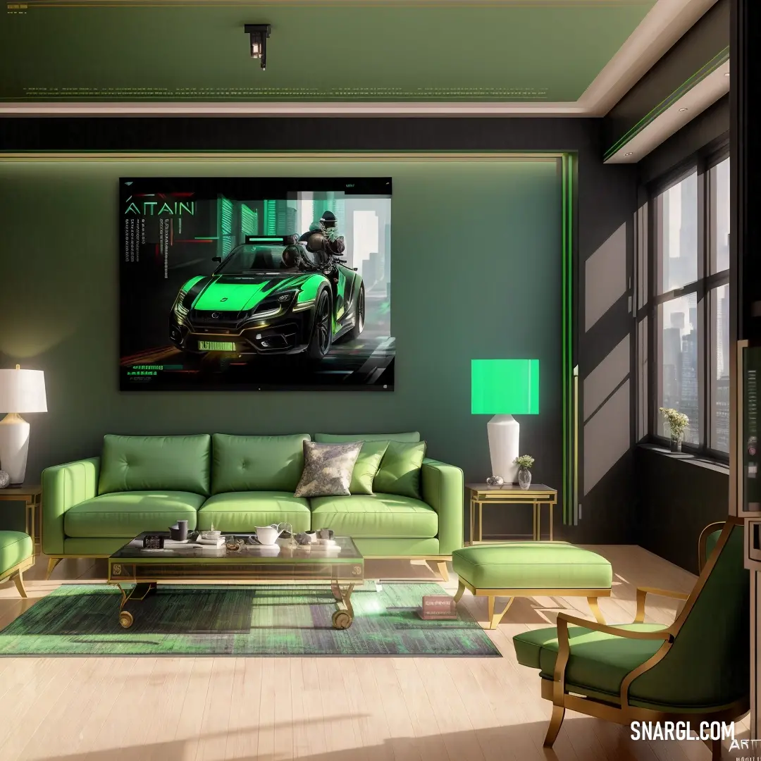 Living room with a green couch and a green chair and ottoman in front of a large window
