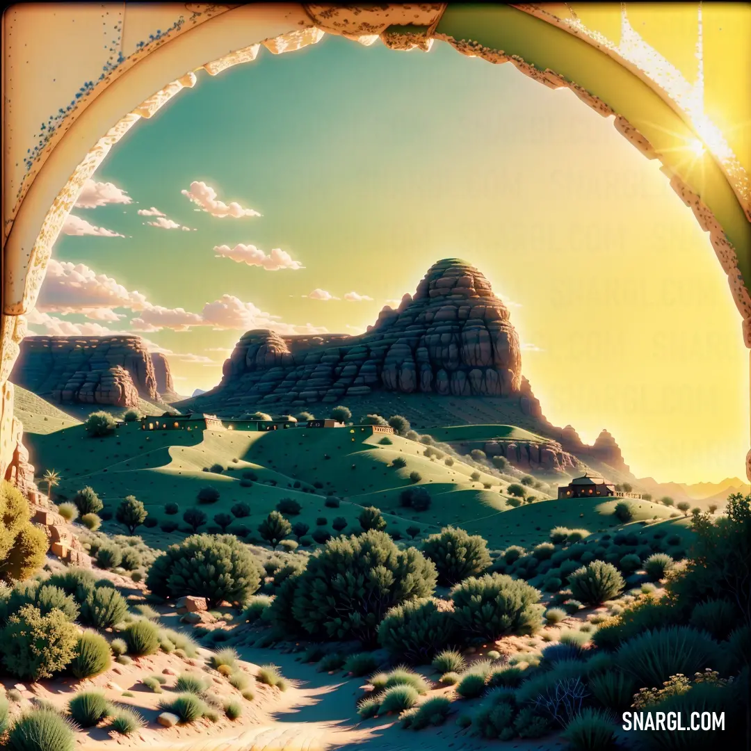Painting of a desert scene with a mountain in the background and a sun shining through the arch of the arch