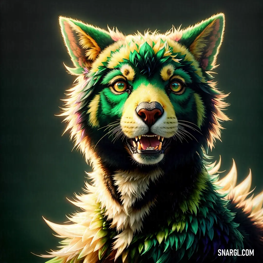 Painting of a green and yellow wolf with a black background and a green background