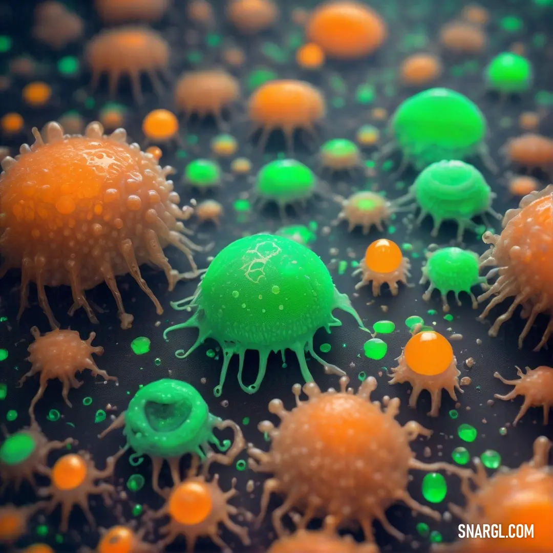 Spring green color. Close up of a bunch of green and orange items on a table with water droplets on it and a black background