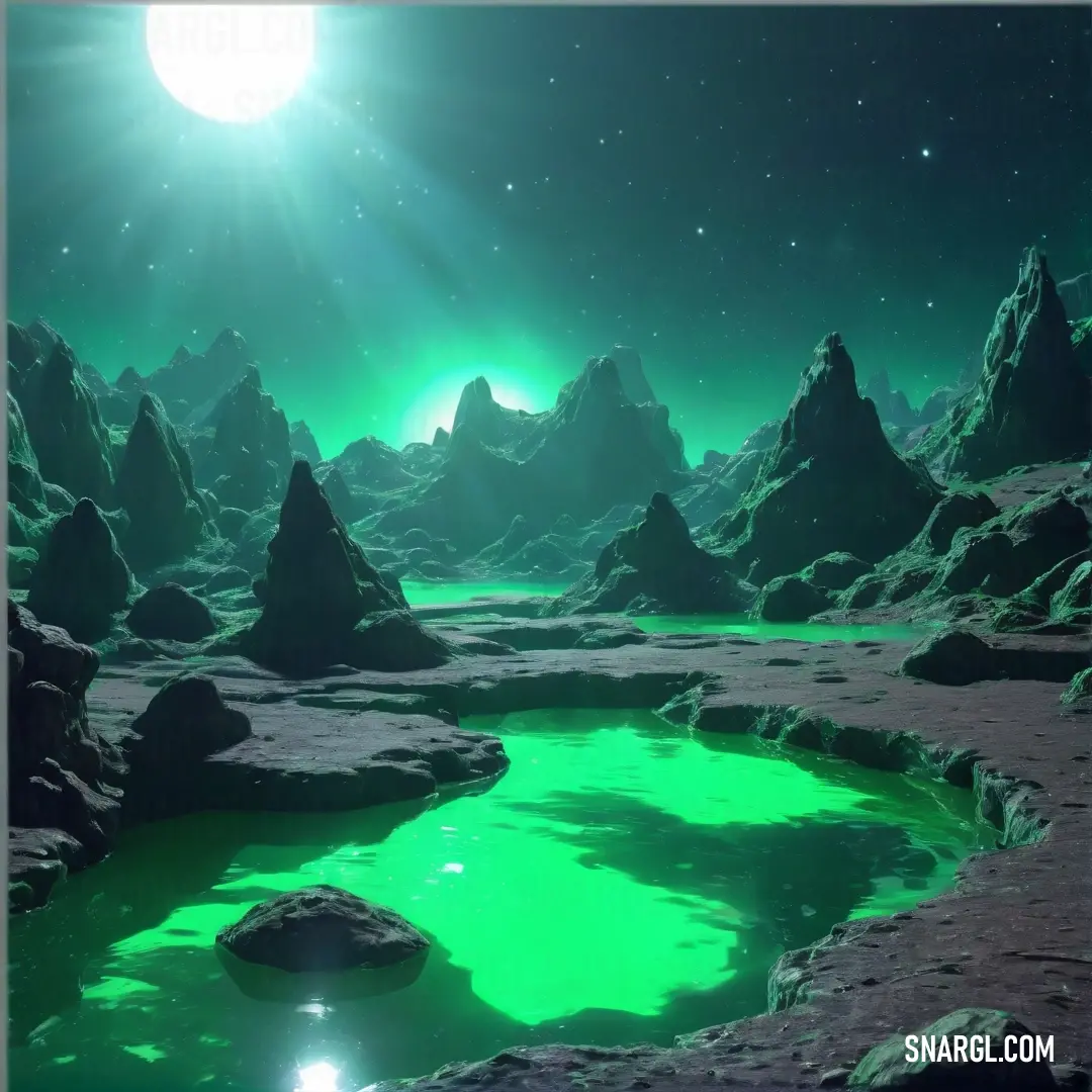 Spring green color. Green alien landscape with a pool of water and rocks in the foreground