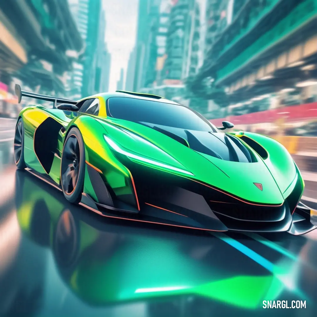Green sports car driving down a city street in a futuristic style with a blurry background. Color RGB 0,255,127.