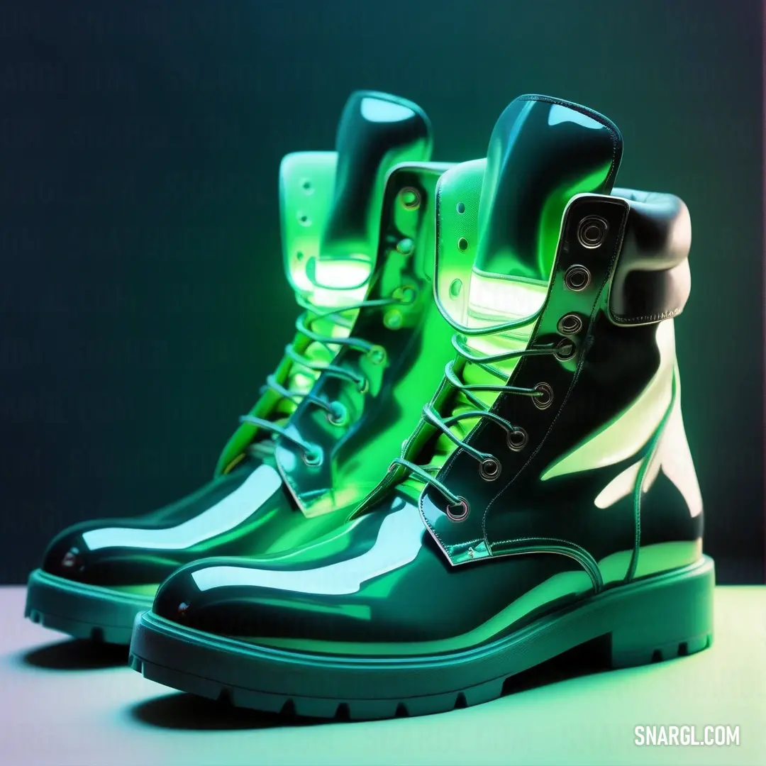 Spring green color example: Pair of green and black boots on a table with a neon light behind them