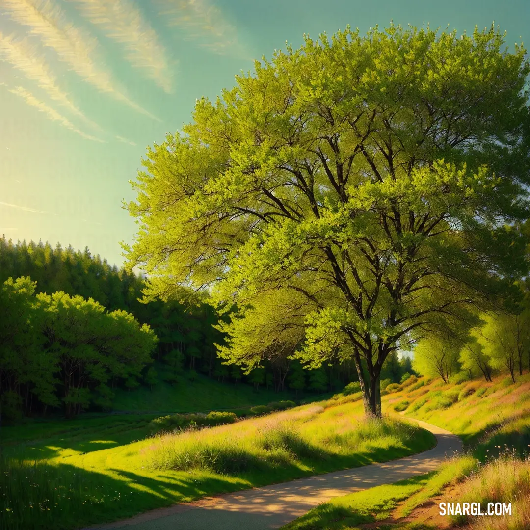 Tree in a grassy field next to a road with a dirt road leading to it and a grassy field with a tree on the side